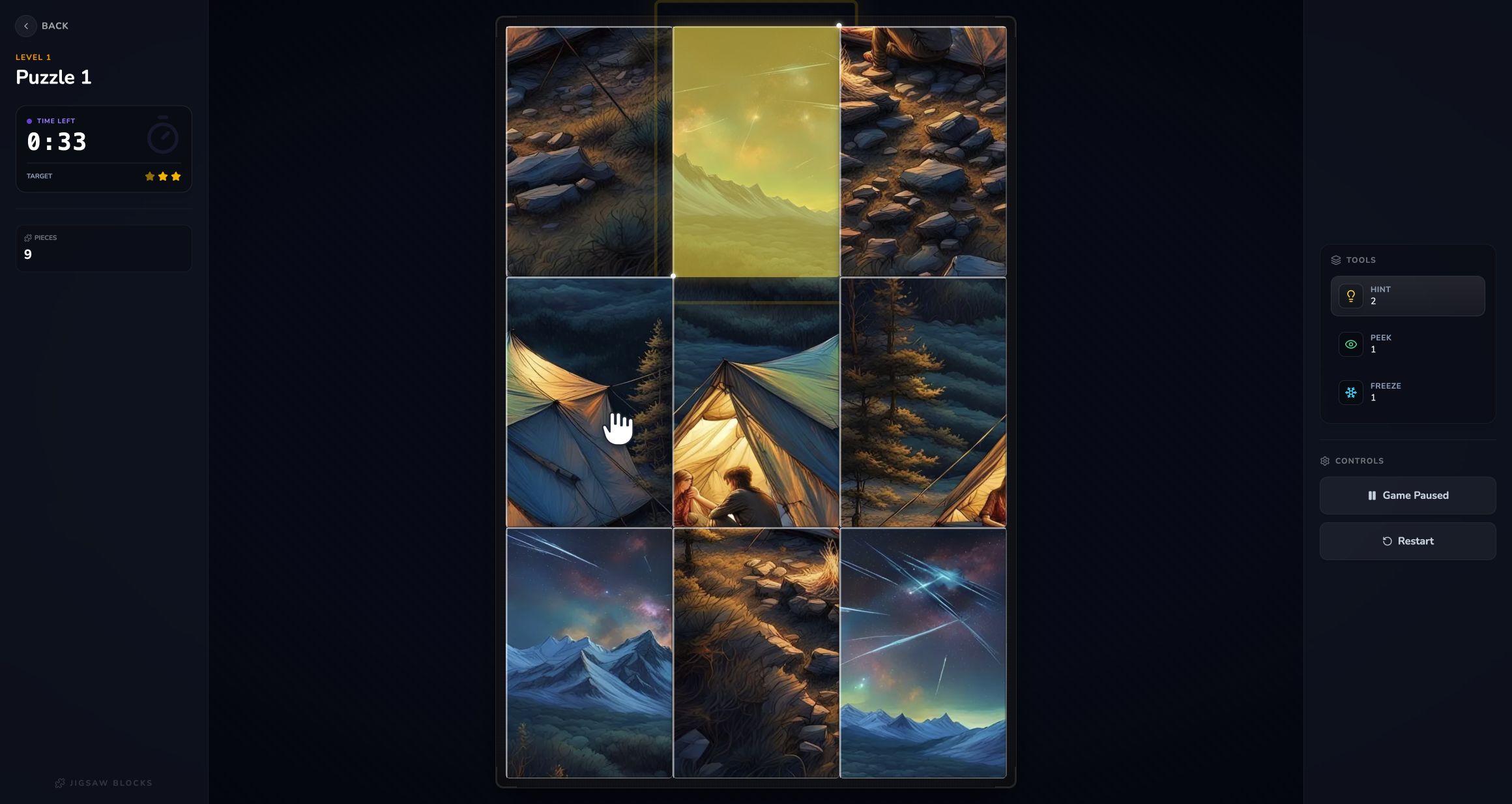 Jixora Puzzle 1 after a hint automatically placed part of the campsite image