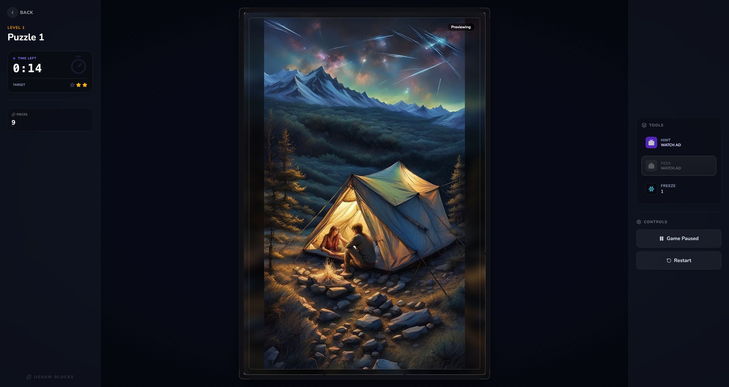 Jixora Peek view showing the completed meteor campsite illustration