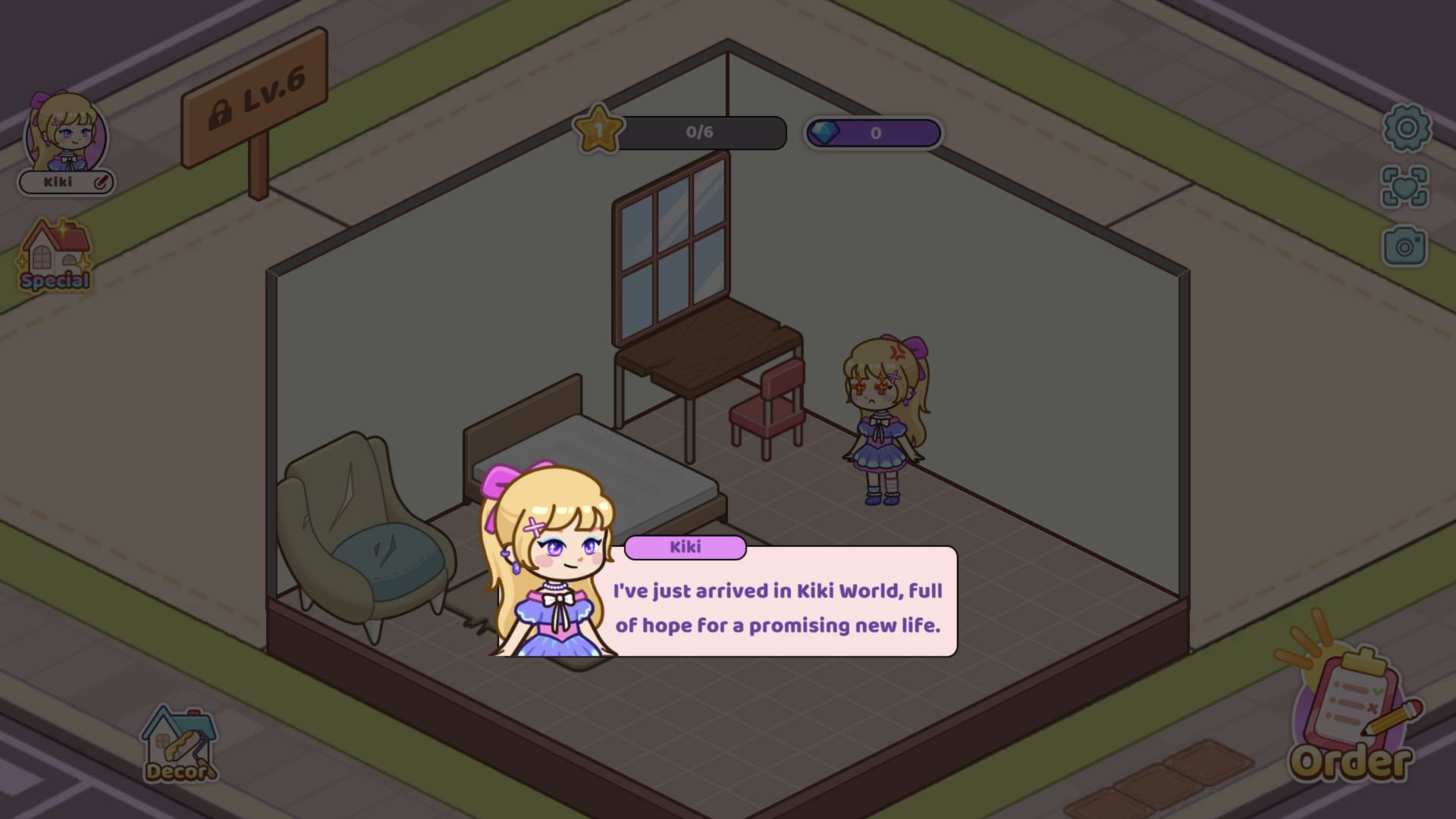 Kiki introducing her new life inside the starter room with 0/6 stars and 0 diamonds visible
