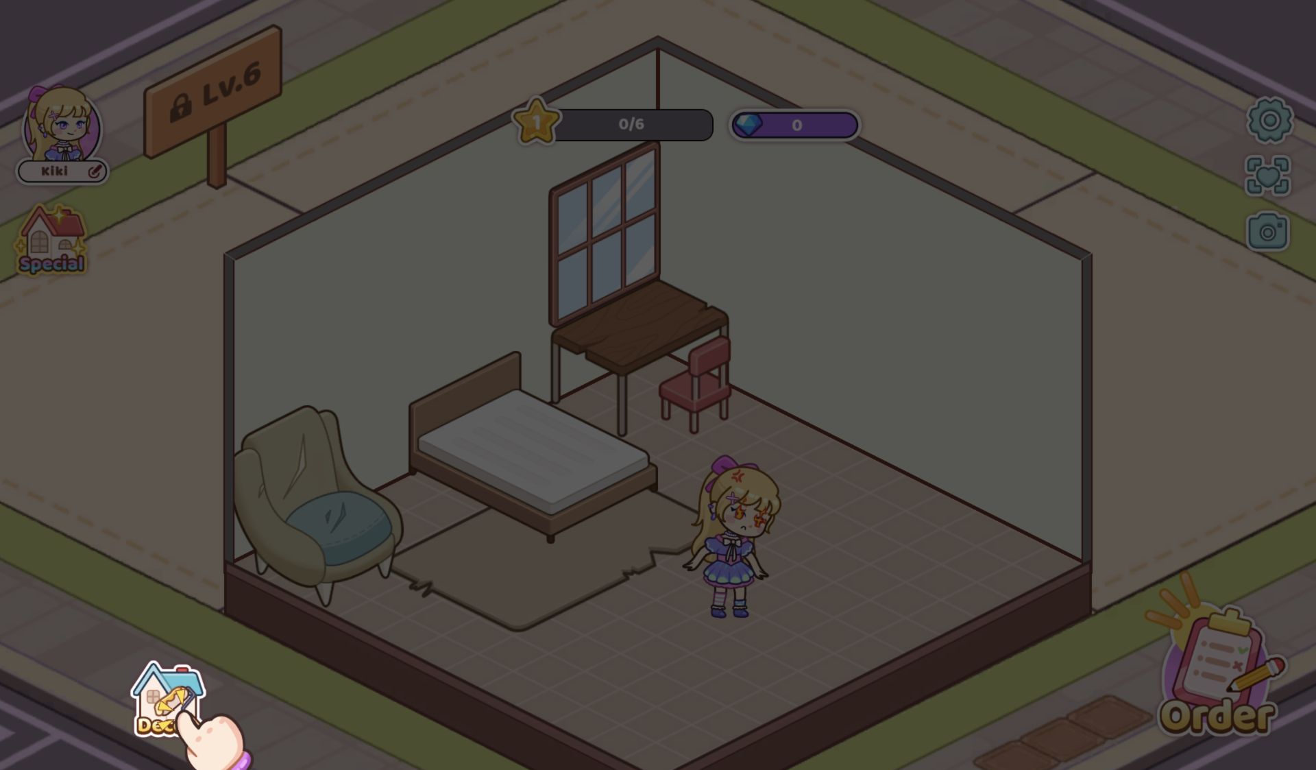 Kiki's first room at 0 of 6 stars and 0 diamonds before the makeover was accepted