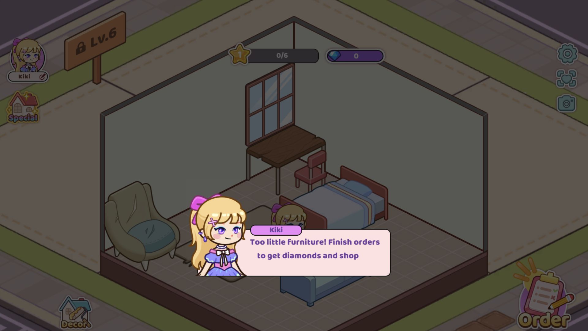 First room with a blue-gray bed and light-blue couch while Kiki warns that there is too little furniture
