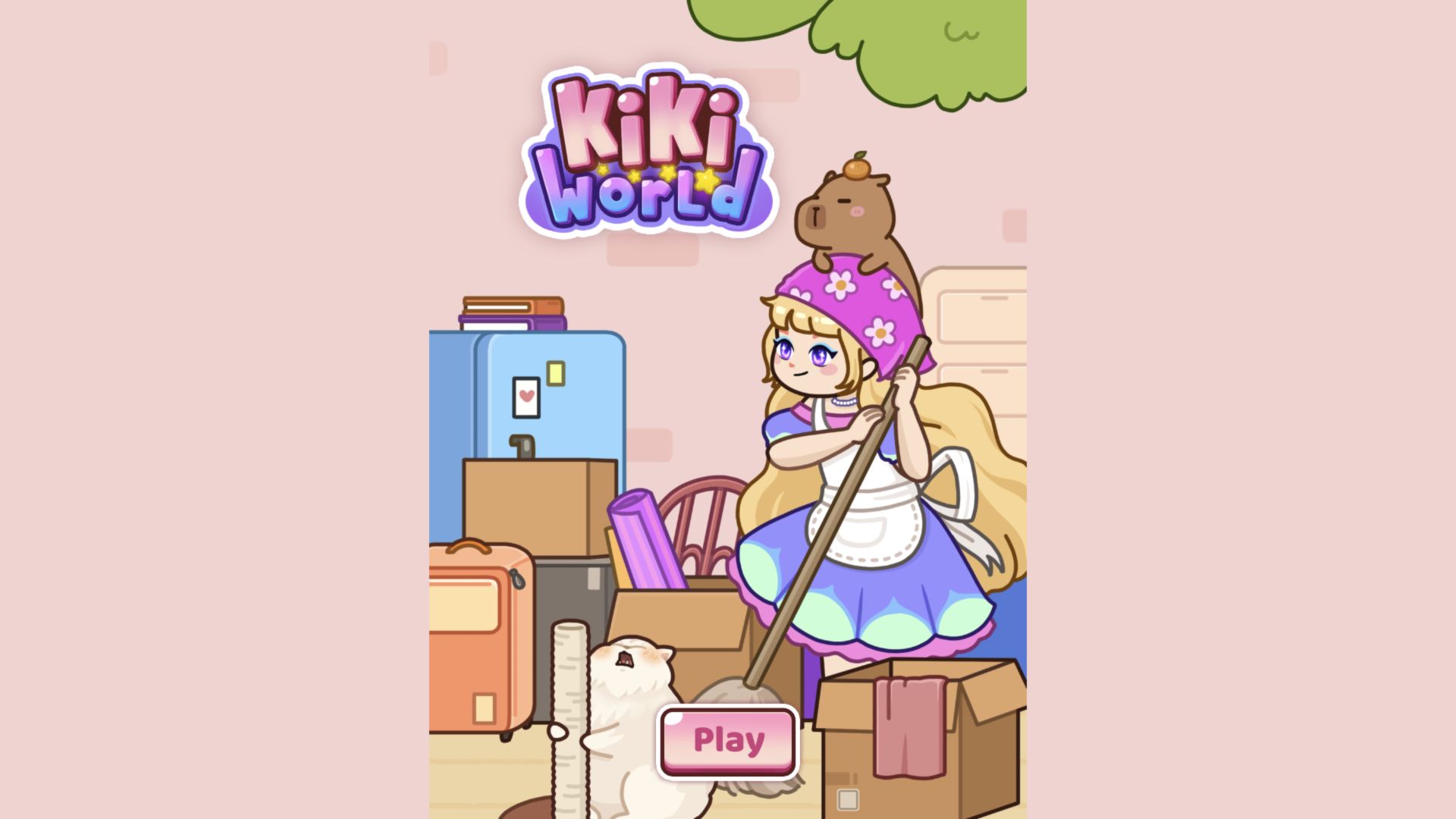 Kiki World Play menu with Kiki cleaning among boxes, a refrigerator, and cartoon pets