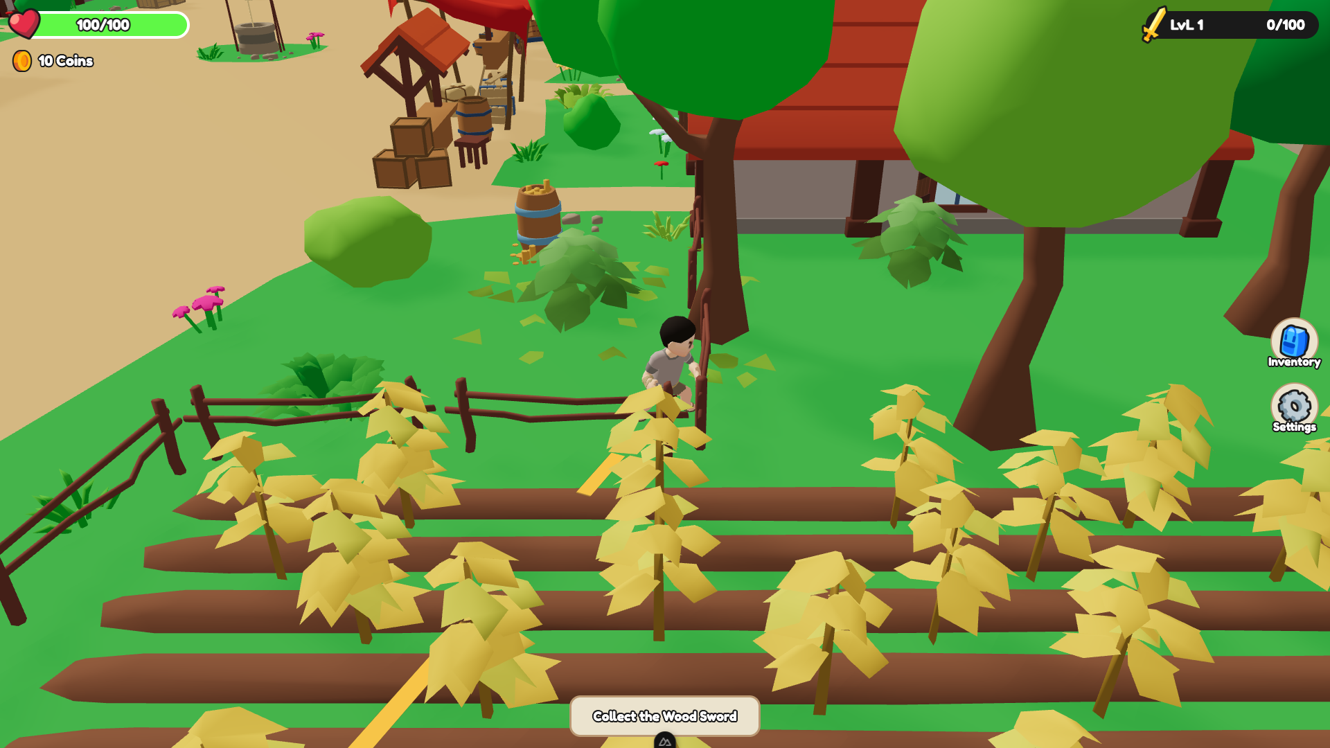Knight Legend character at a farm fence with yellow crops and village buildings behind
