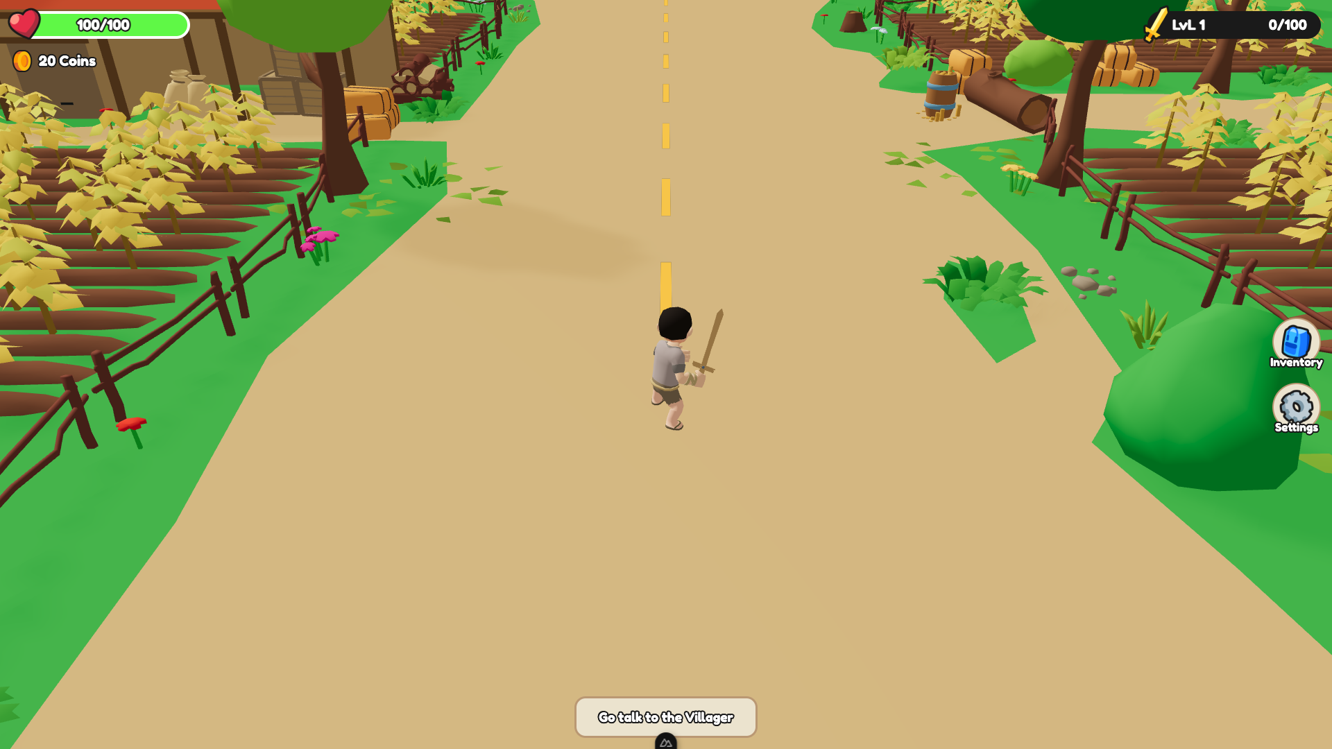 Level 1 Knight Legend character holding a wooden sword on the village road with 20 coins