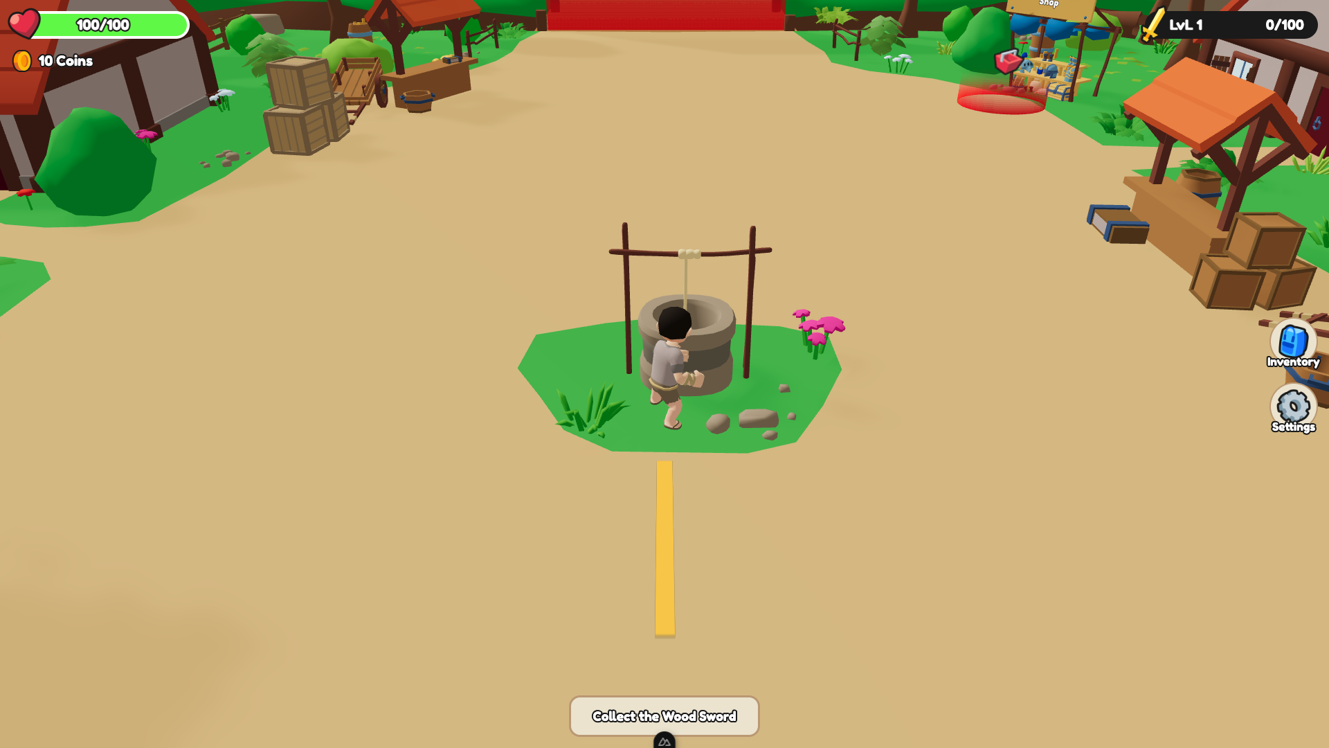 Unarmed level 1 character beside the village well while following the Wood Sword objective trail