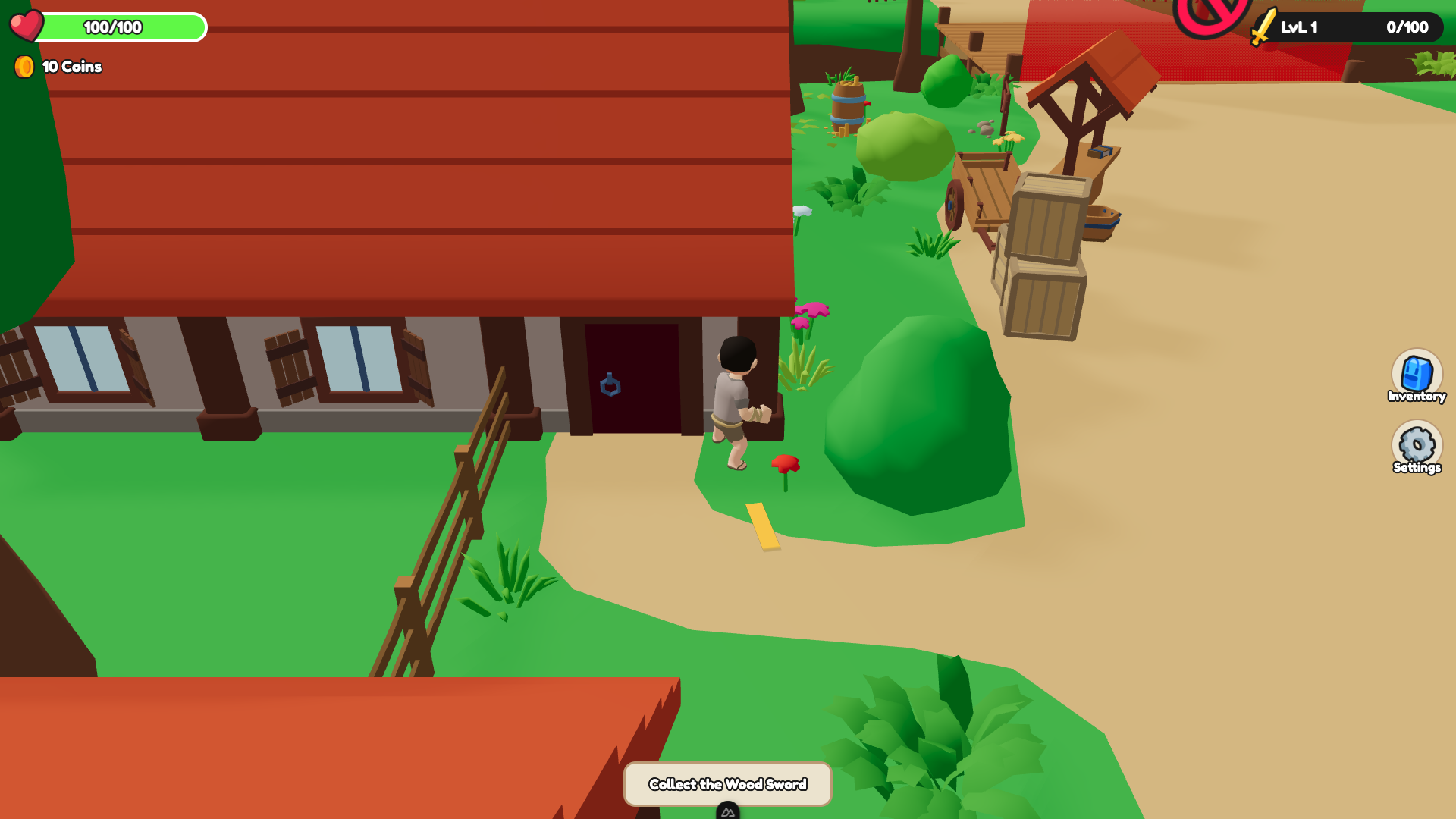 Knight Legend character partly hidden beside a village house, tree and large bush