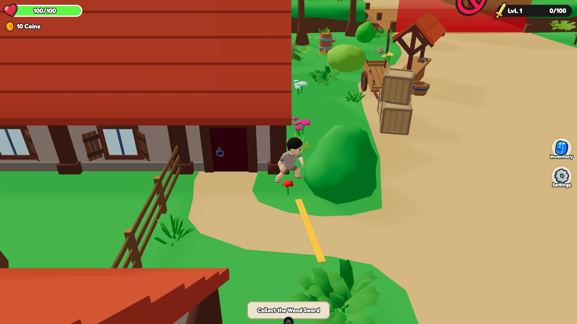 Unarmed Knight Legend character following the yellow route along the village road before finding the Wood Sword