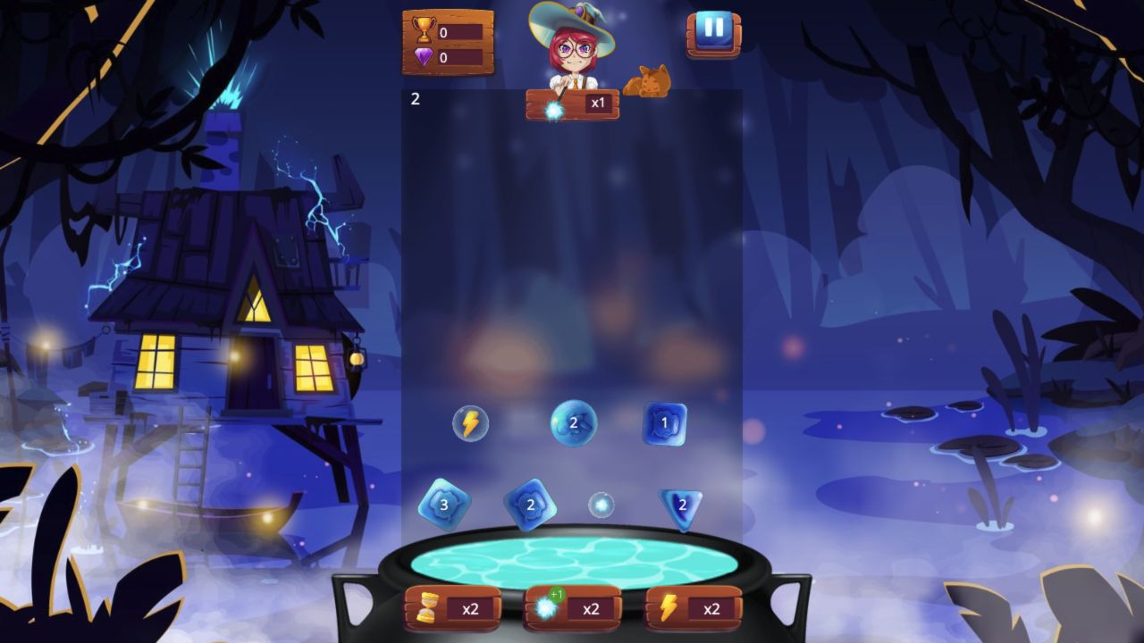 Magic Potion School falling numbered ingredients above a cauldron with three x2 booster buttons