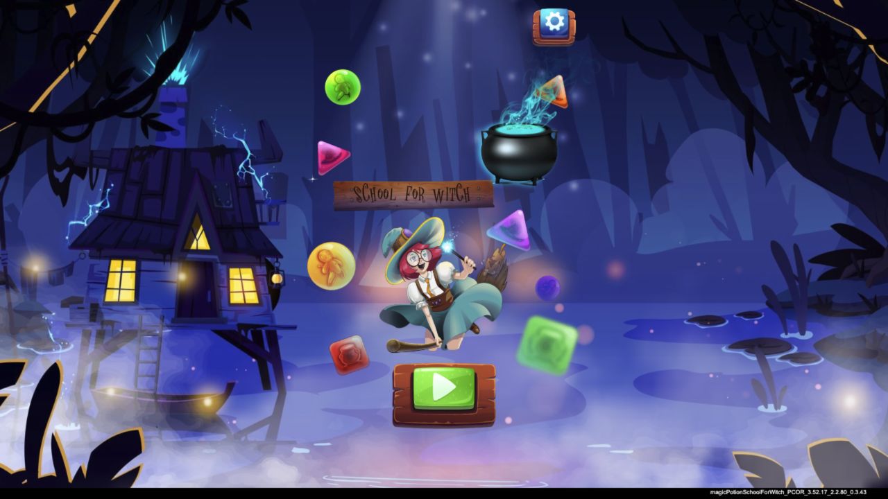 Magic Potion School title screen with a young witch, glowing cauldron, floating ingredients, and play button