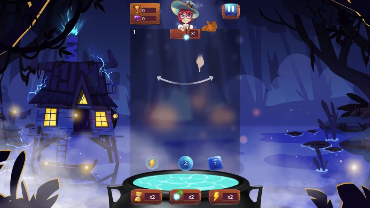Magic Potion School tutorial hand with a horizontal double arrow above the cauldron