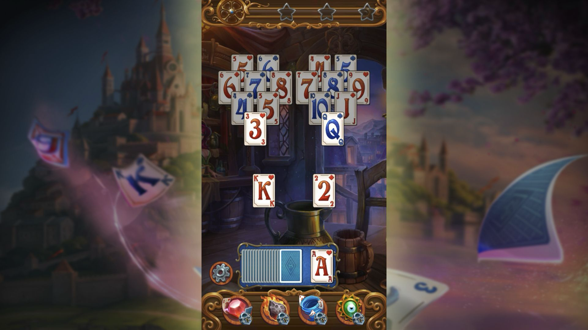 Magic Story of Solitaire second board with an ace in the waste pile, a king and two exposed below, and layered cards above