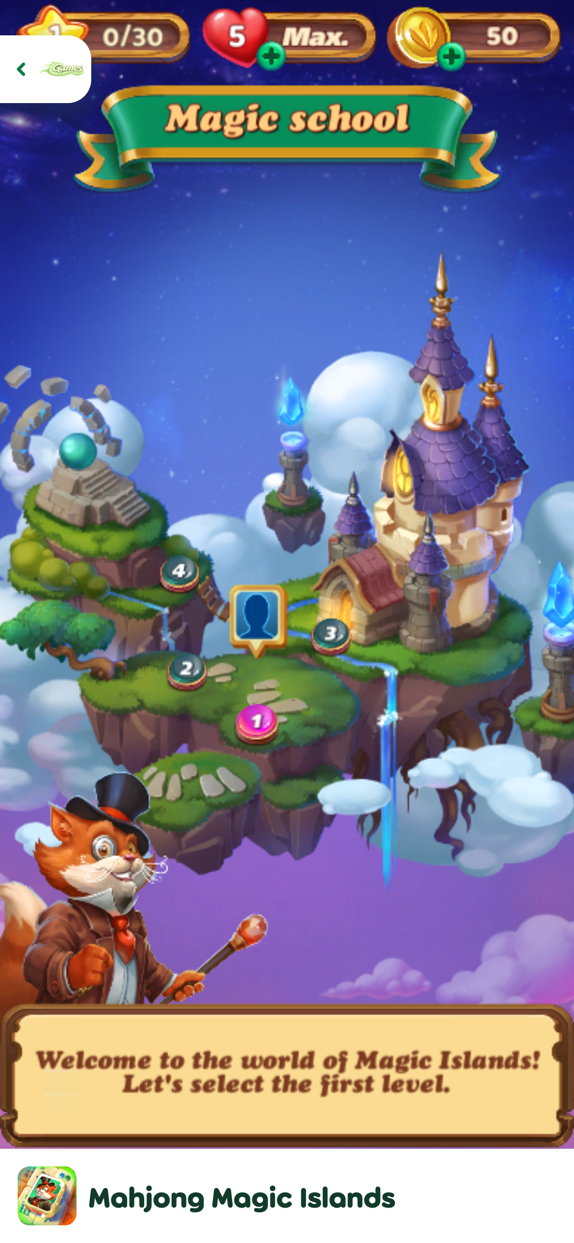 Mahjong Magic Islands mobile fullscreen map with the Magic School island, level 1, and the site's exit-game control