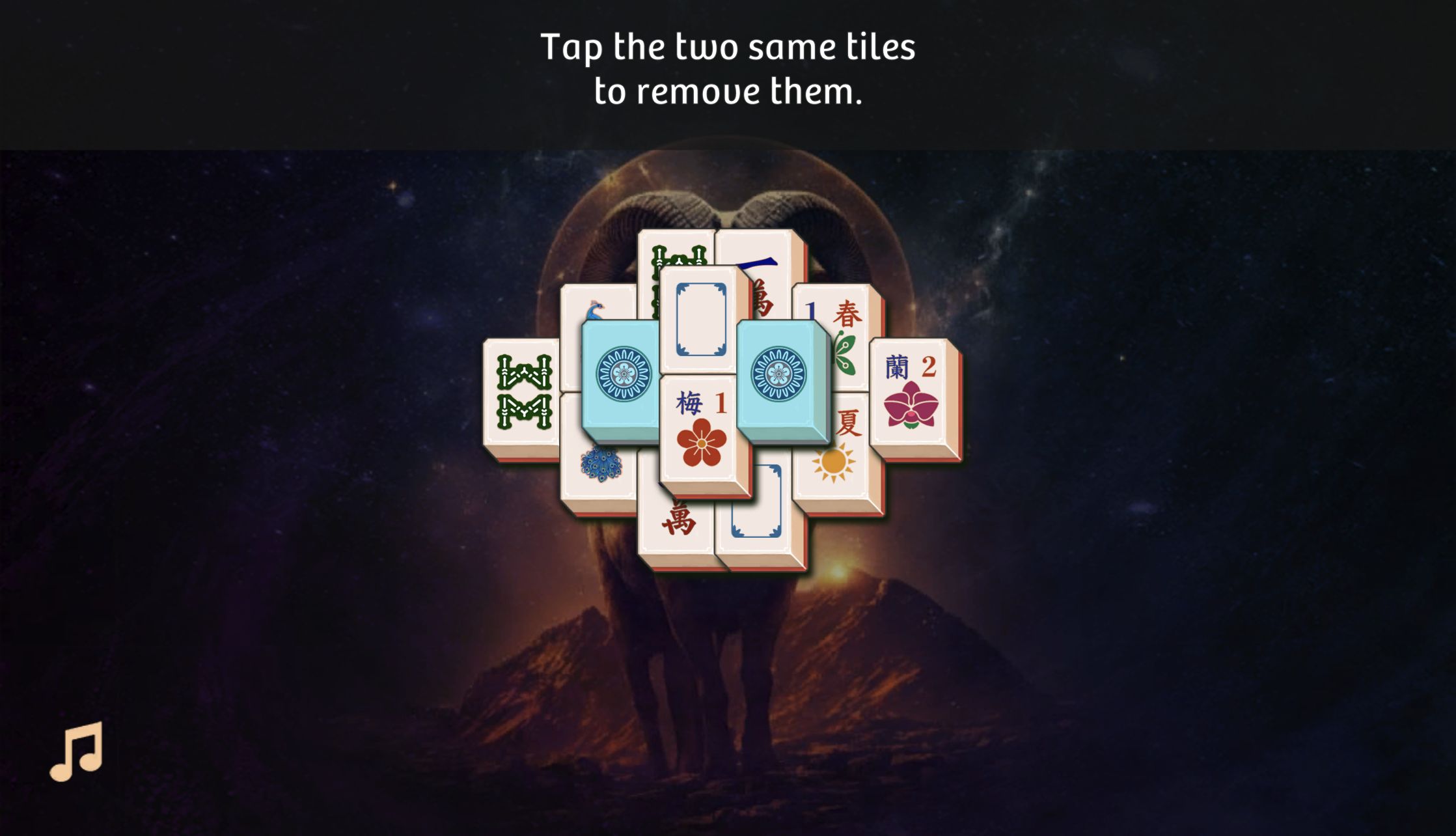 Mahjong Solitaire Zodiac tutorial board explaining that two matching free tiles can be removed