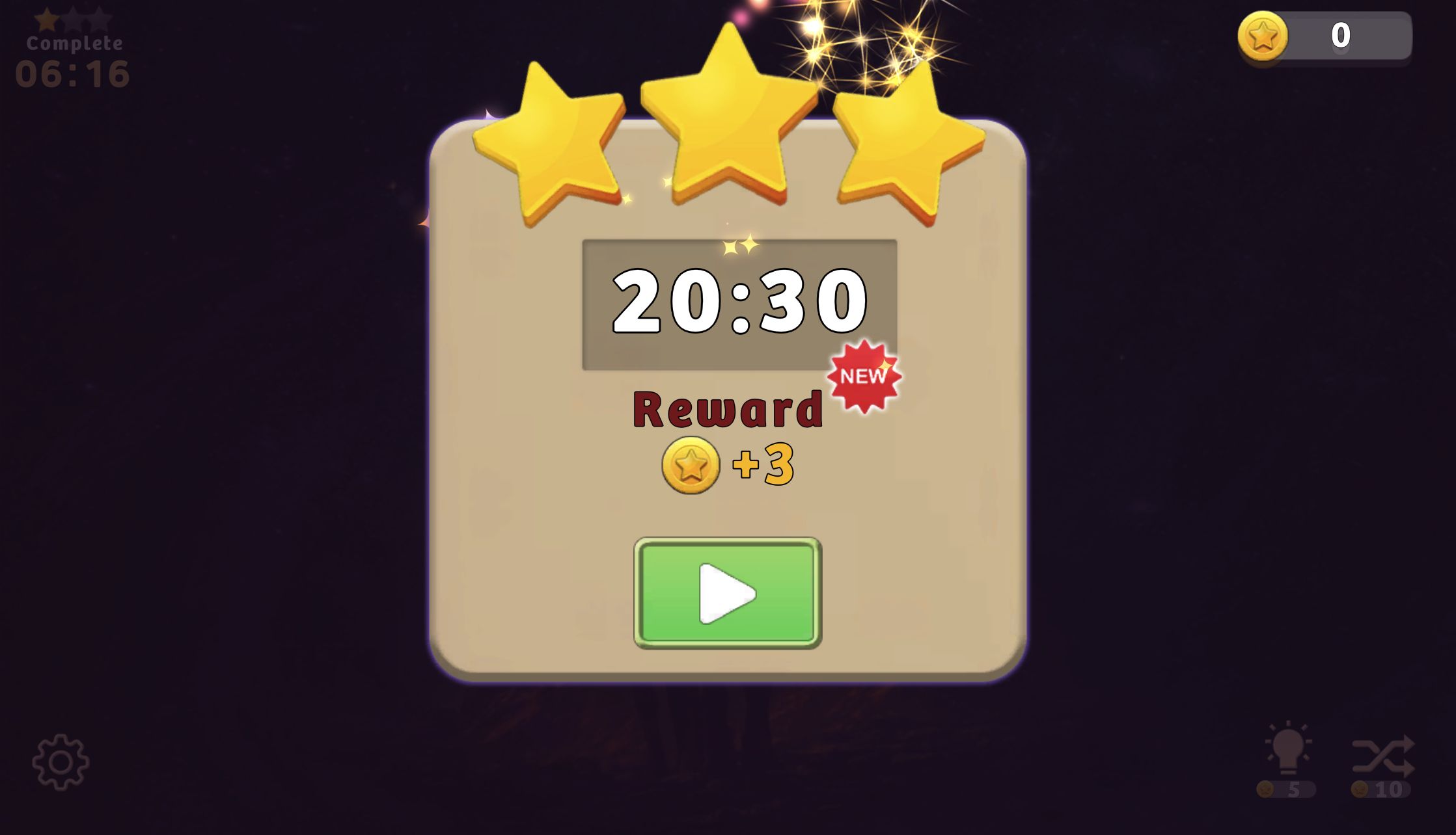 Mahjong Solitaire Zodiac result panel with three stars, 20:30, and a reward of three coins