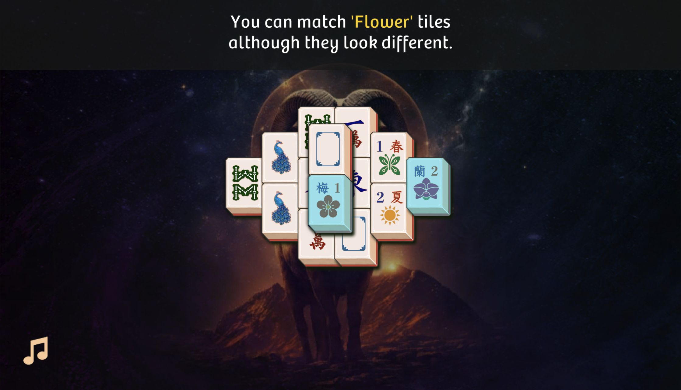 Mahjong Solitaire Zodiac tutorial stating that differently illustrated Flower tiles can be matched