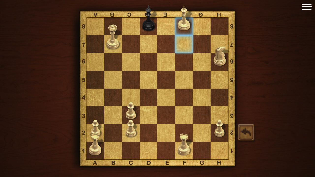 Master Chess final board with the black king on d8, a promoted white queen on b7, the white king on f8, and a white knight on h6