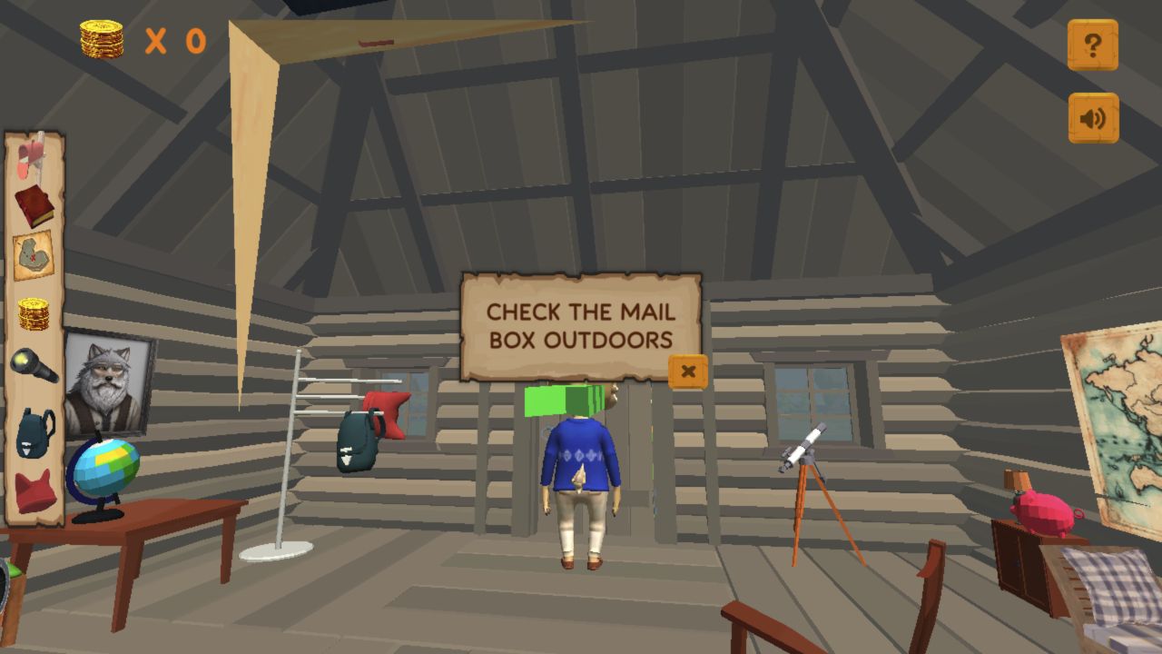 Parchment objective panel reading Check the mail box outdoors over the cabin scene