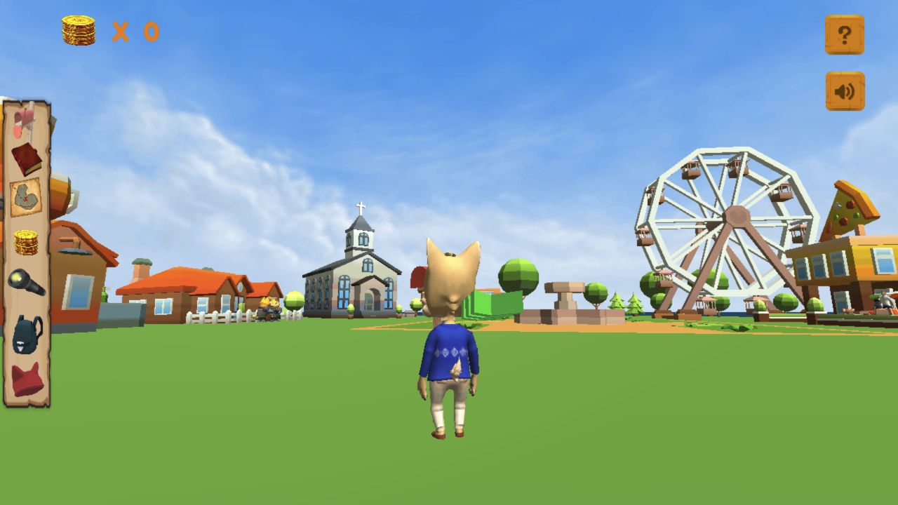 Max standing near the outdoor mailbox with the church, fountain, Ferris wheel, and town buildings ahead