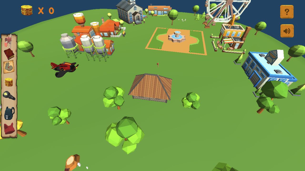 Overhead view of Max's low-poly town with a cabin, church, fountain, Ferris wheel, shops, and utility buildings