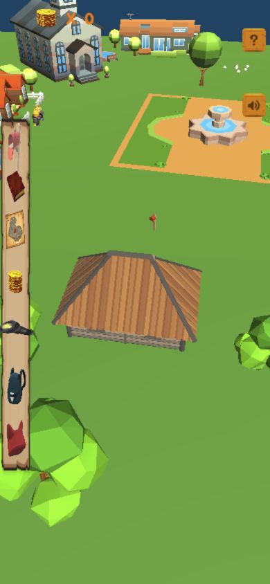 Portrait mobile view of Max's town showing the cabin roof, church, fountain, trees, and vertical inventory strip