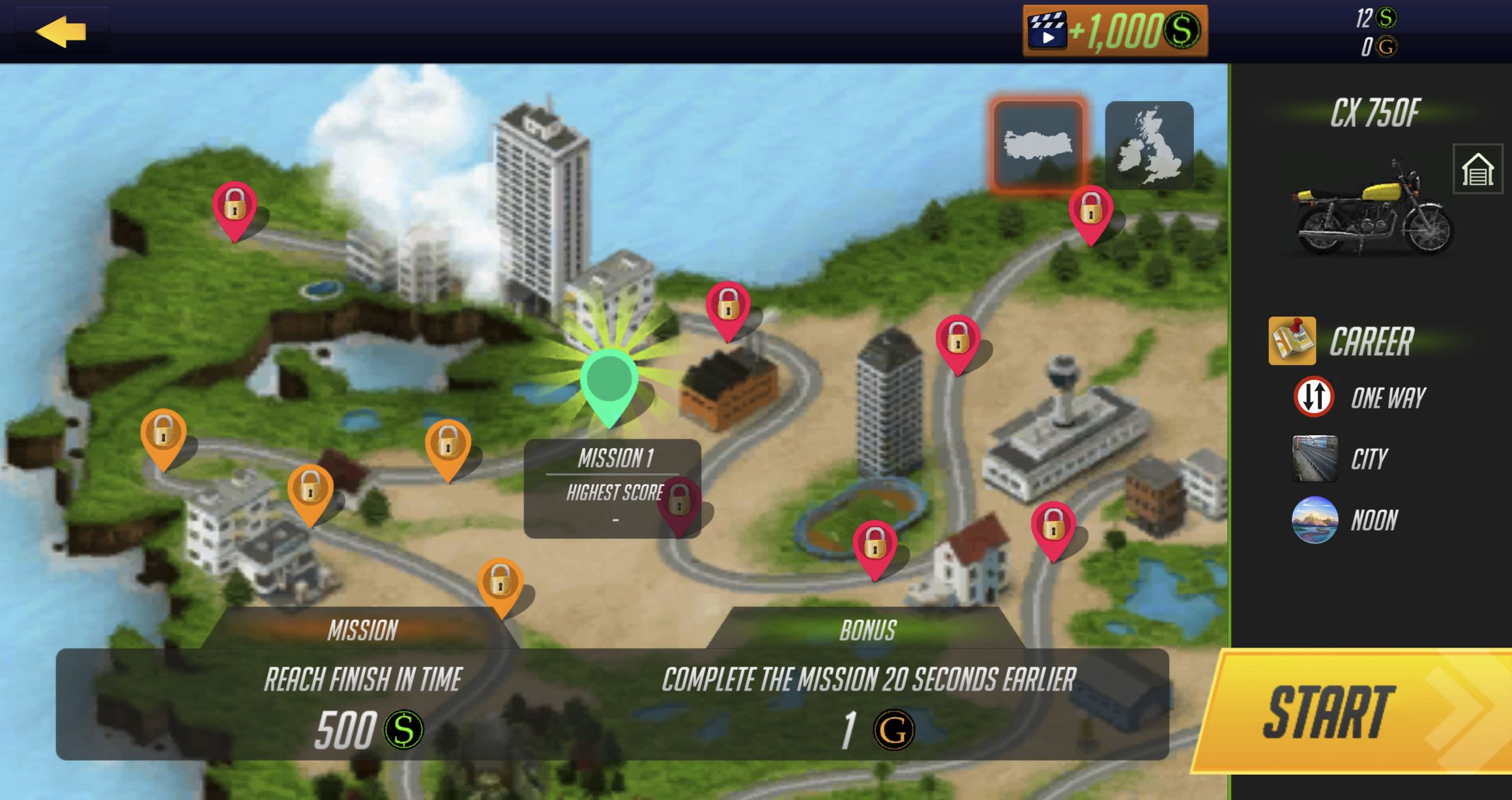 Career map highlighting Mission 1 with One Way, City and Noon conditions