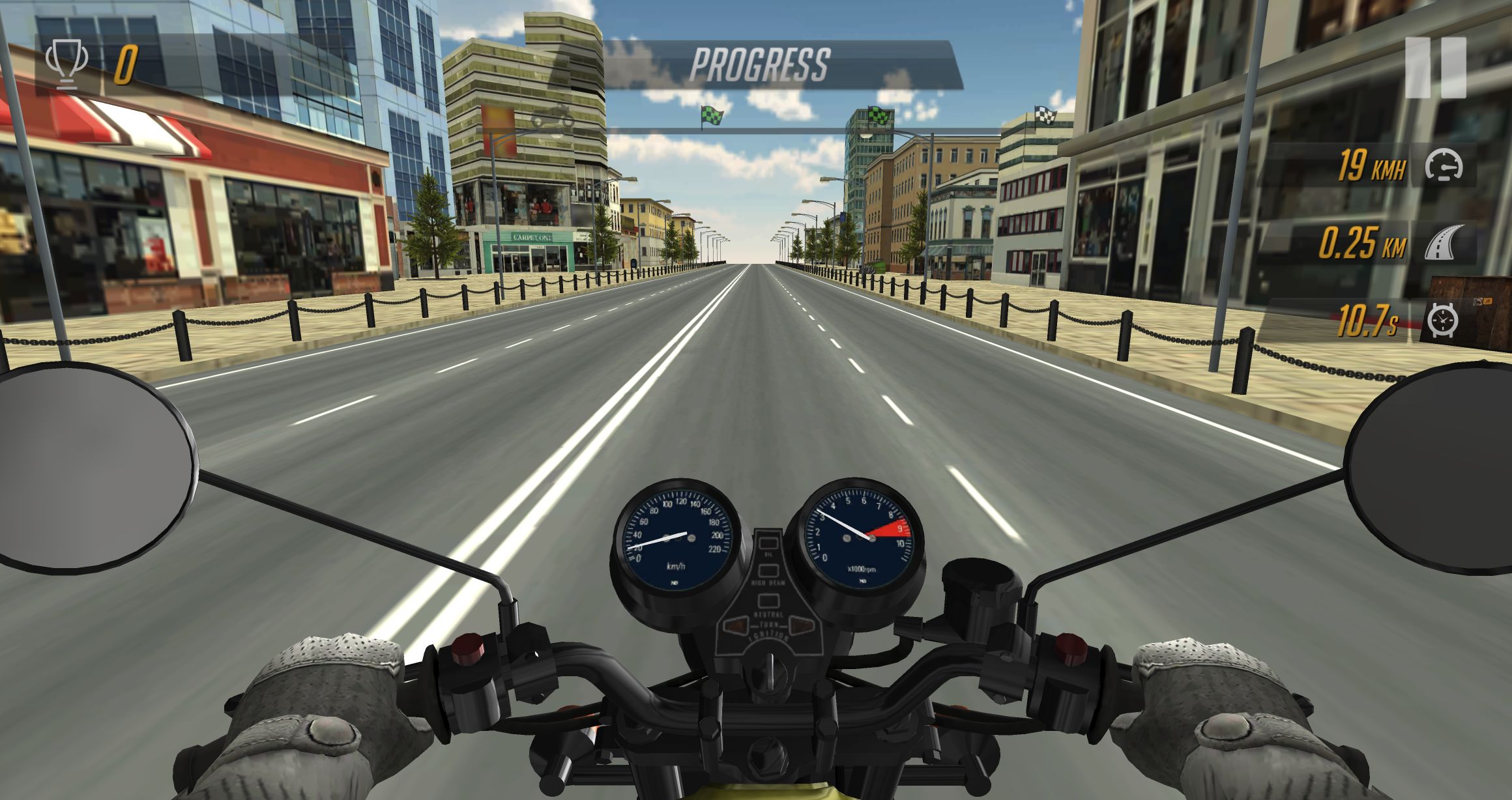 Motorcycle cockpit at the GO signal on the first city mission