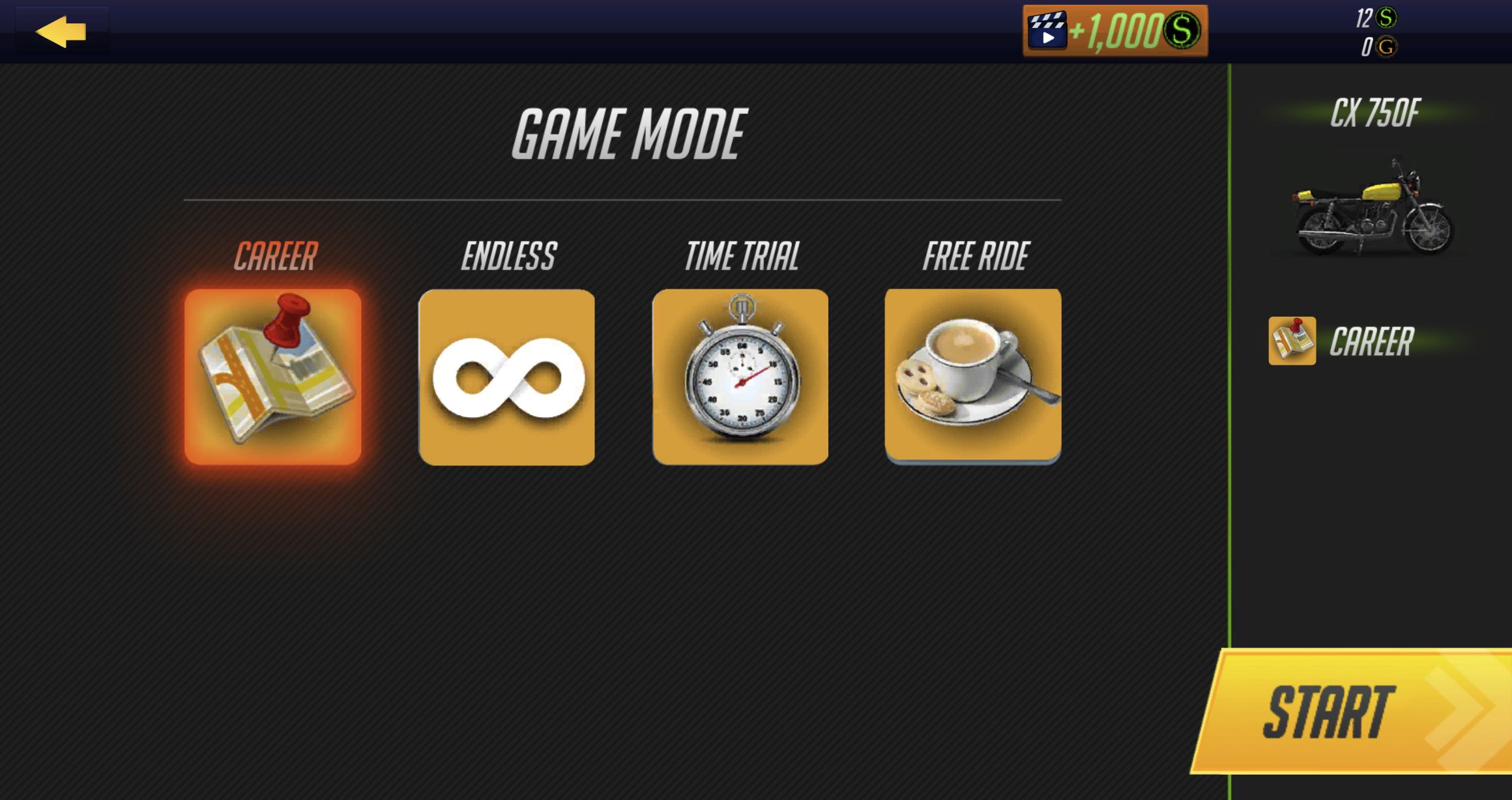 Game Mode screen with Career, Endless, Time Trial and Free Ride tiles