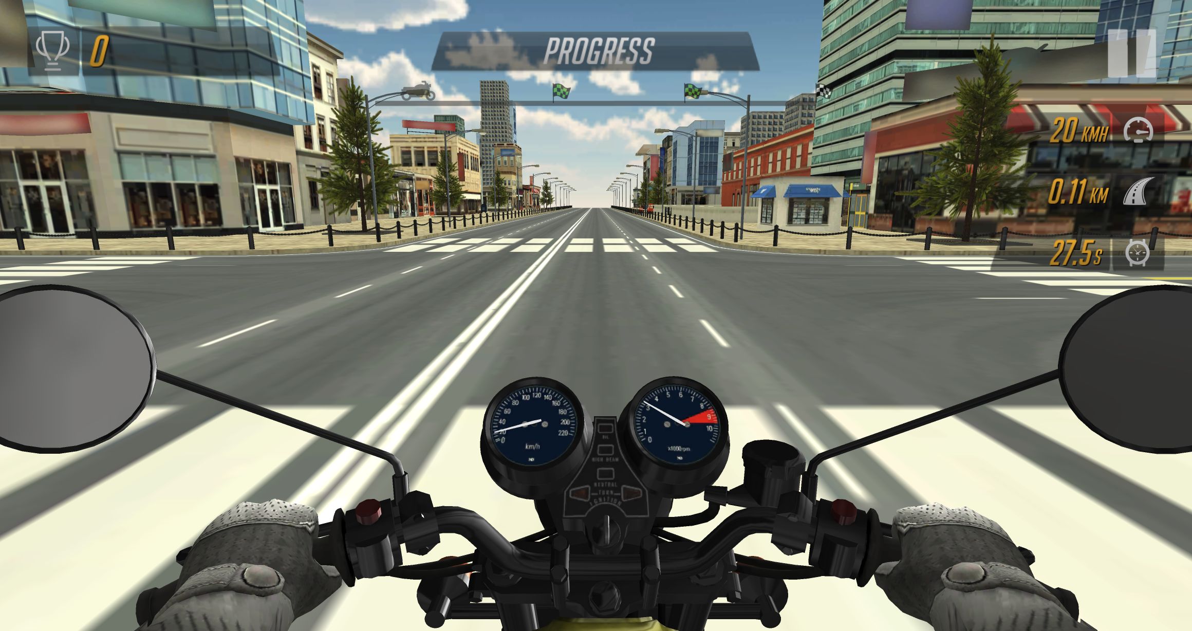 First-person motorcycle cockpit on a wide city avenue with 0.11 KM and 27.5 seconds shown