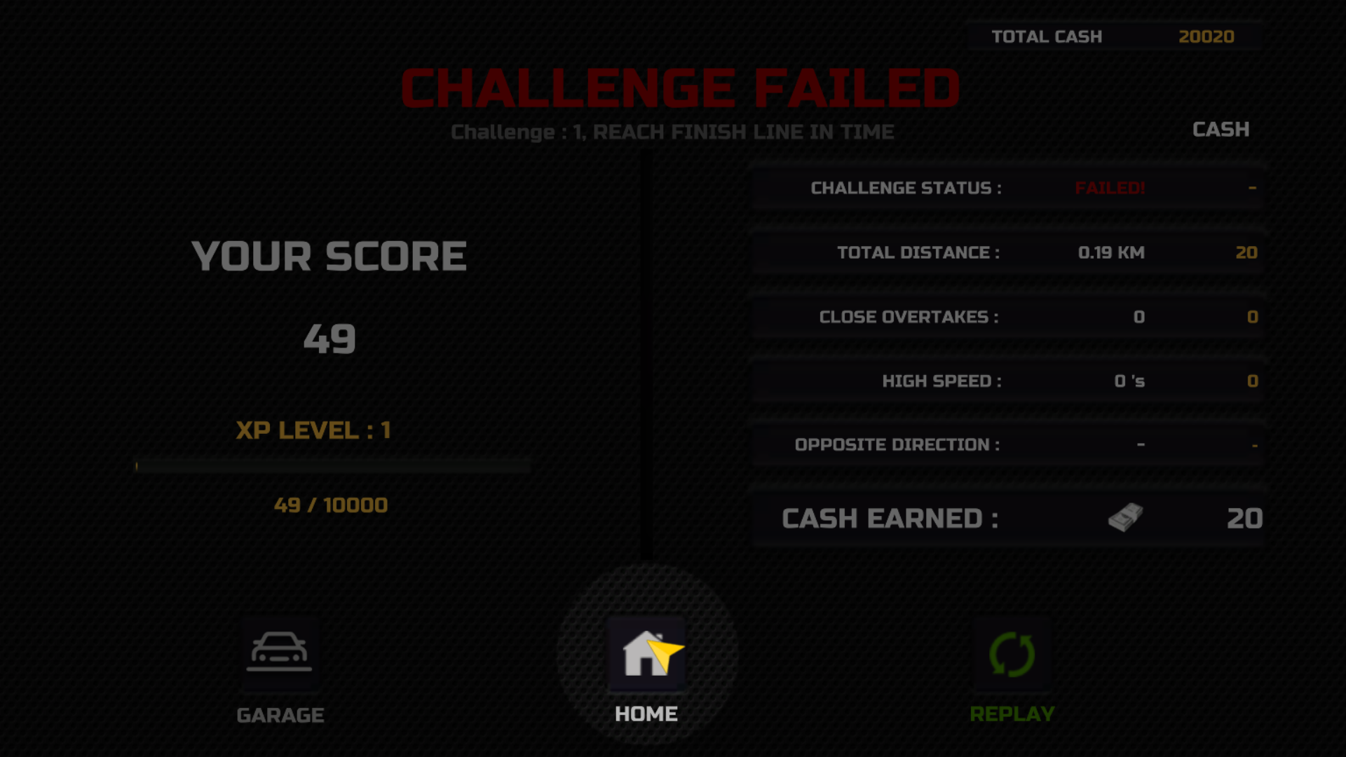 MR RACER Challenge Failed result showing score 49, distance 0.19 km and 20 cash earned; mobile variant documents the blocked local fullscreen outcome