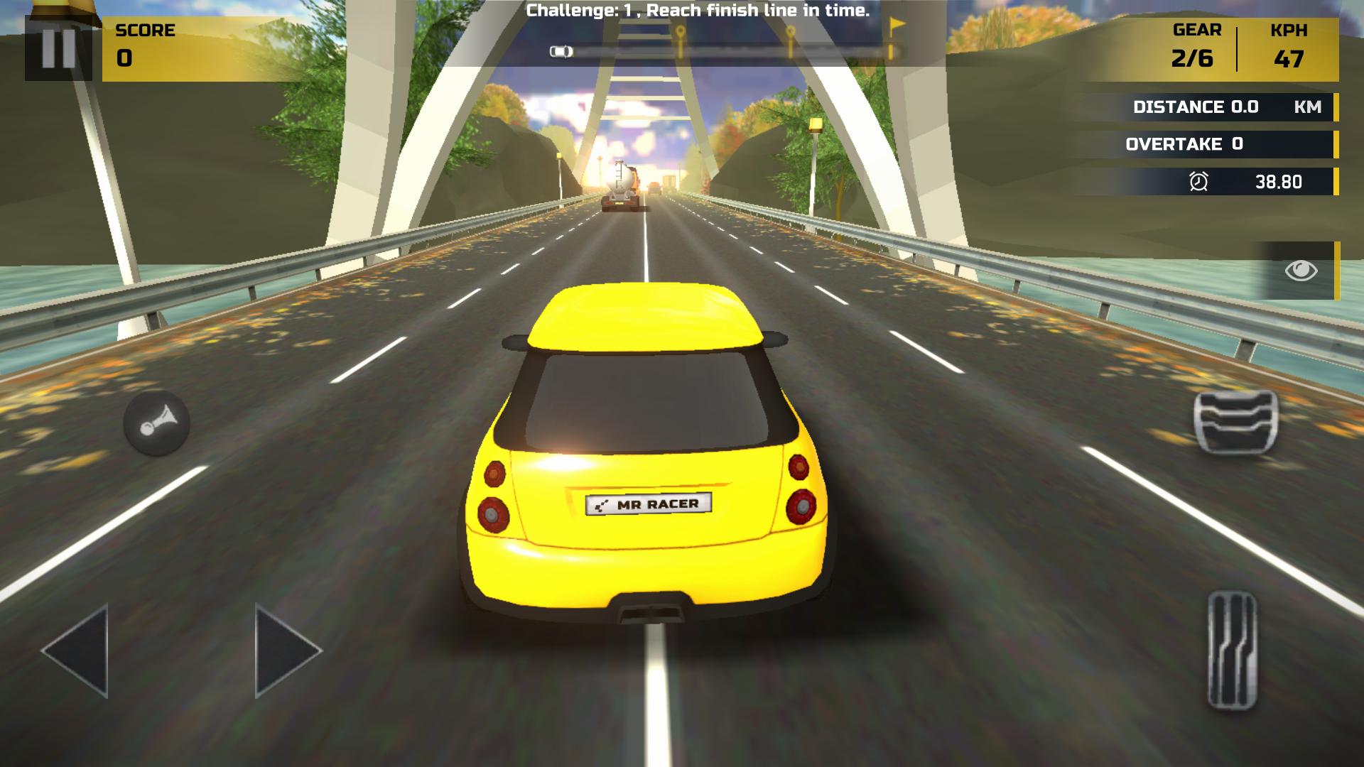 Yellow starter hatchback beginning MR RACER Challenge 1 on an autumn highway at 47 KPH