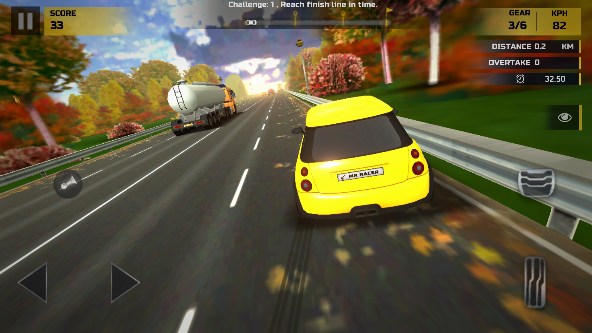 Yellow MR RACER car leaning near the right guardrail at 82 KPH while passing a tanker