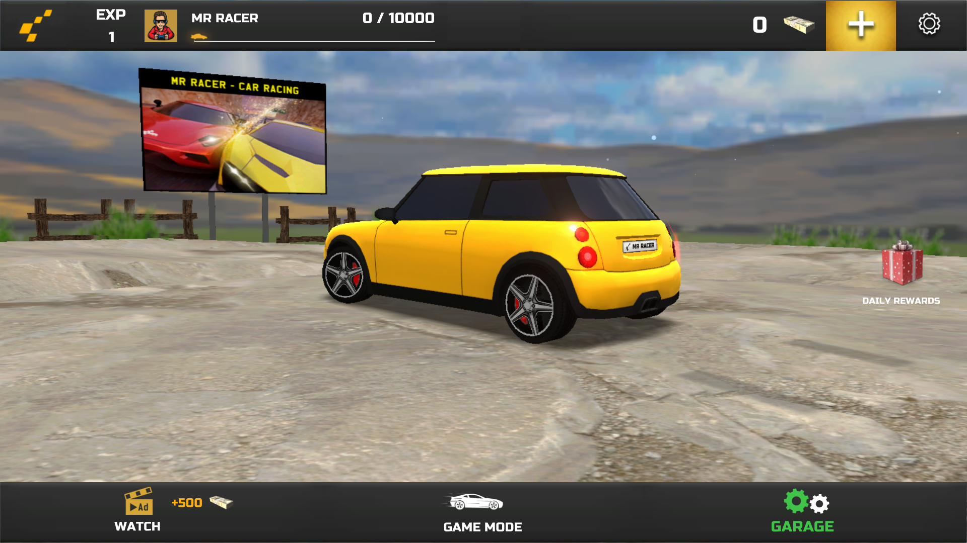 MR RACER garage with a yellow starter hatchback, level 1 profile and Game Mode button; mobile variant documents the local fullscreen launch state