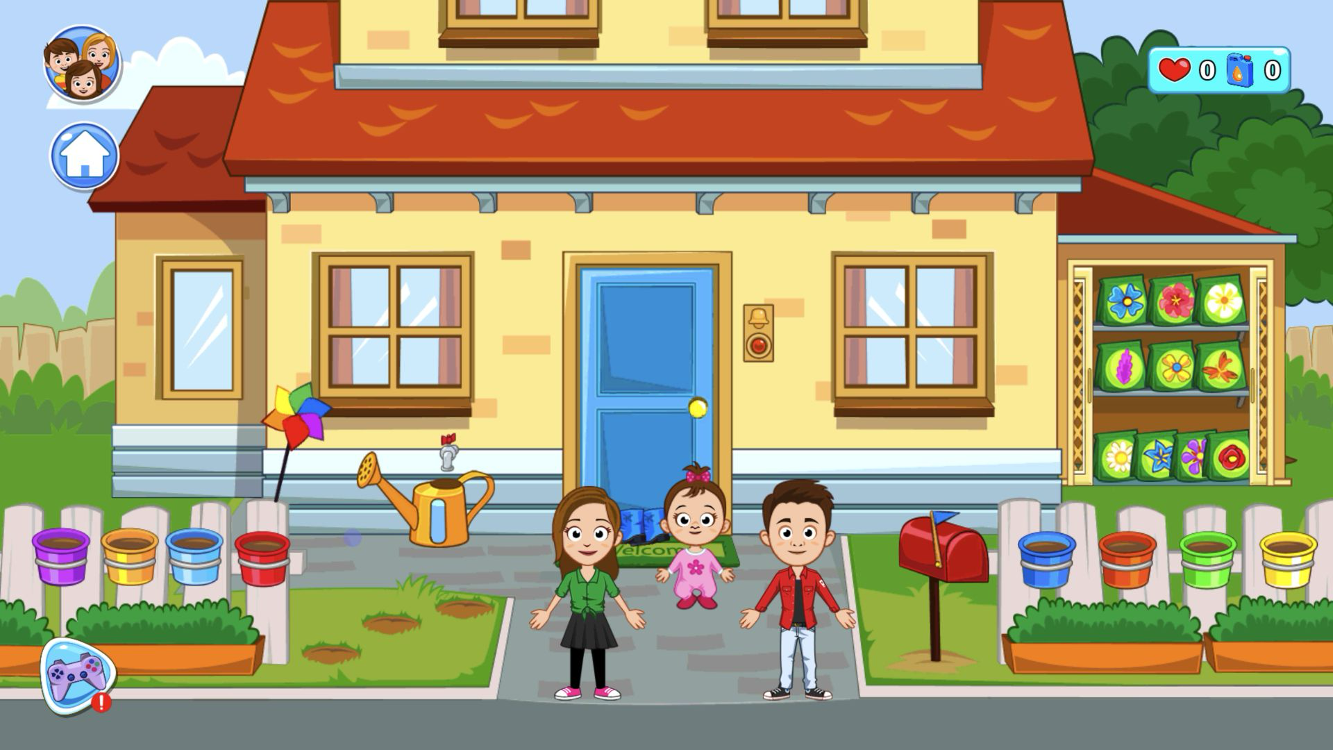 Mother, baby, and father standing in front of a yellow house with paint pots, a watering can, and mailbox