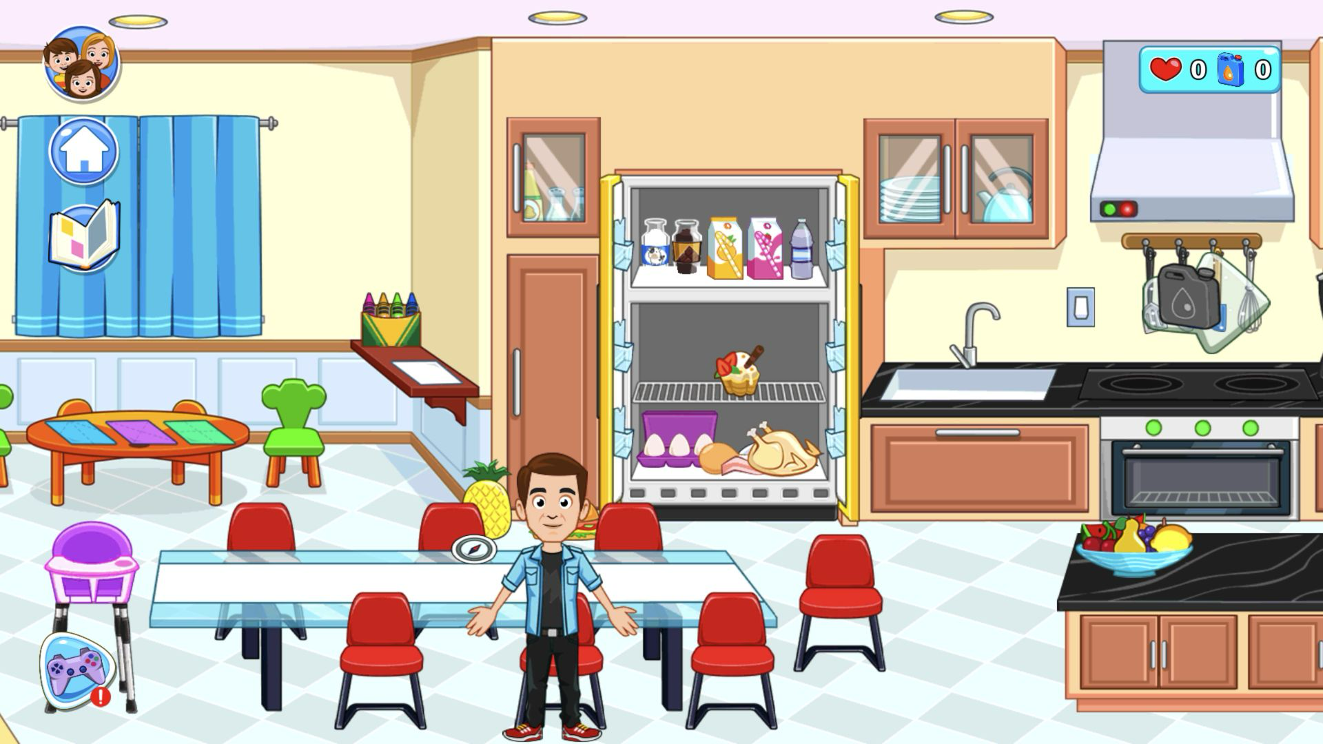 Father standing at a glass kitchen table beside an open refrigerator filled with food