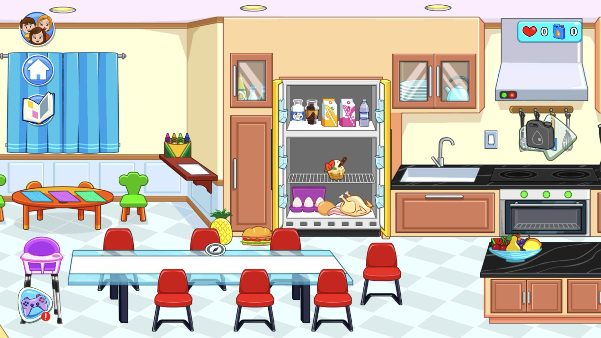 Pineapple and sandwich on a glass dining table in front of an open refrigerator
