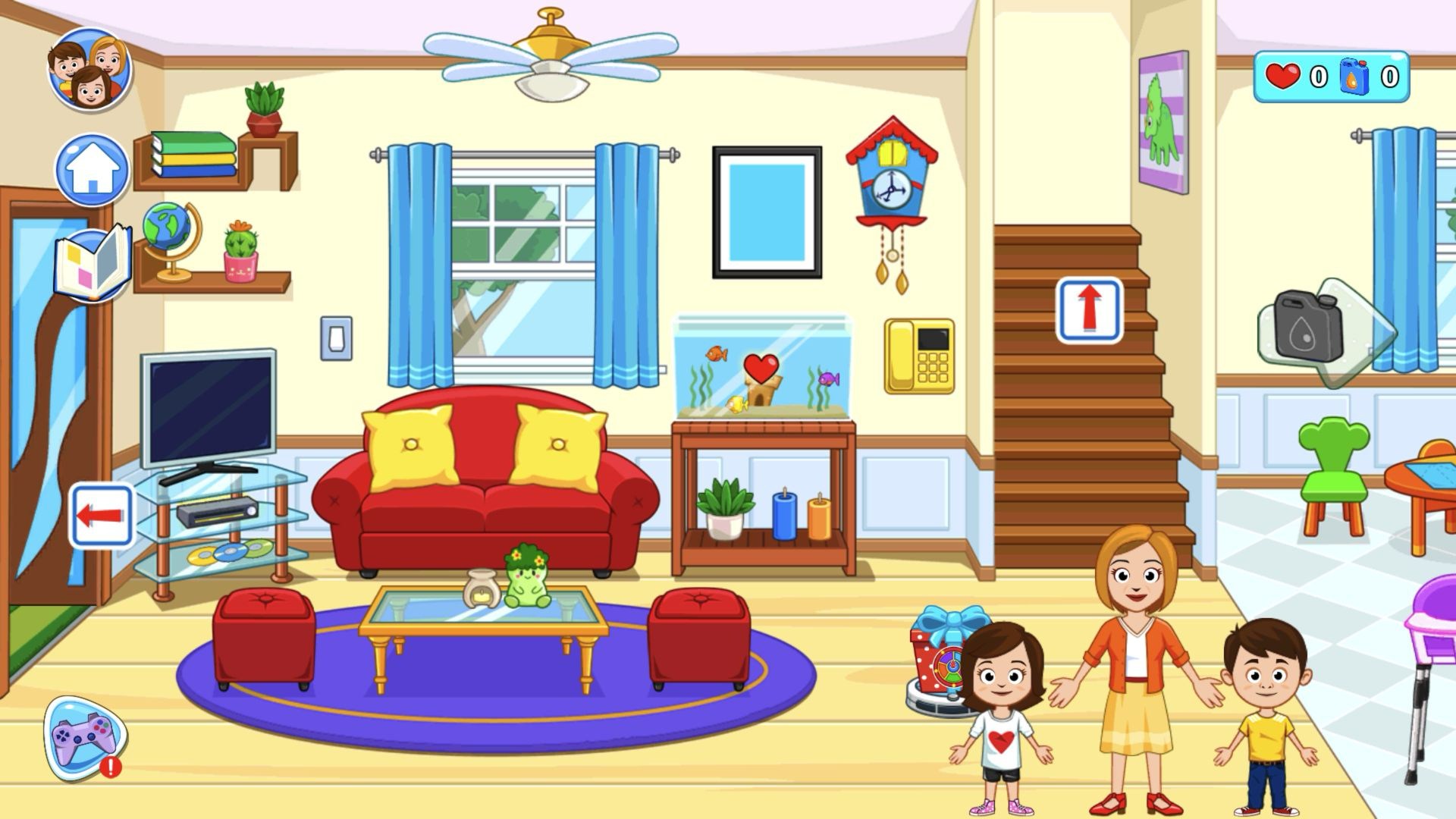 Family gathered beside a red sofa, aquarium, staircase, and partial view of the kitchen