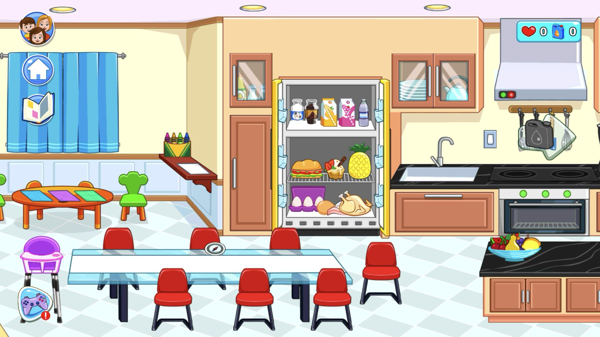 Open refrigerator containing drinks, sandwich, pineapple, dessert, eggs, bread, bacon, and chicken