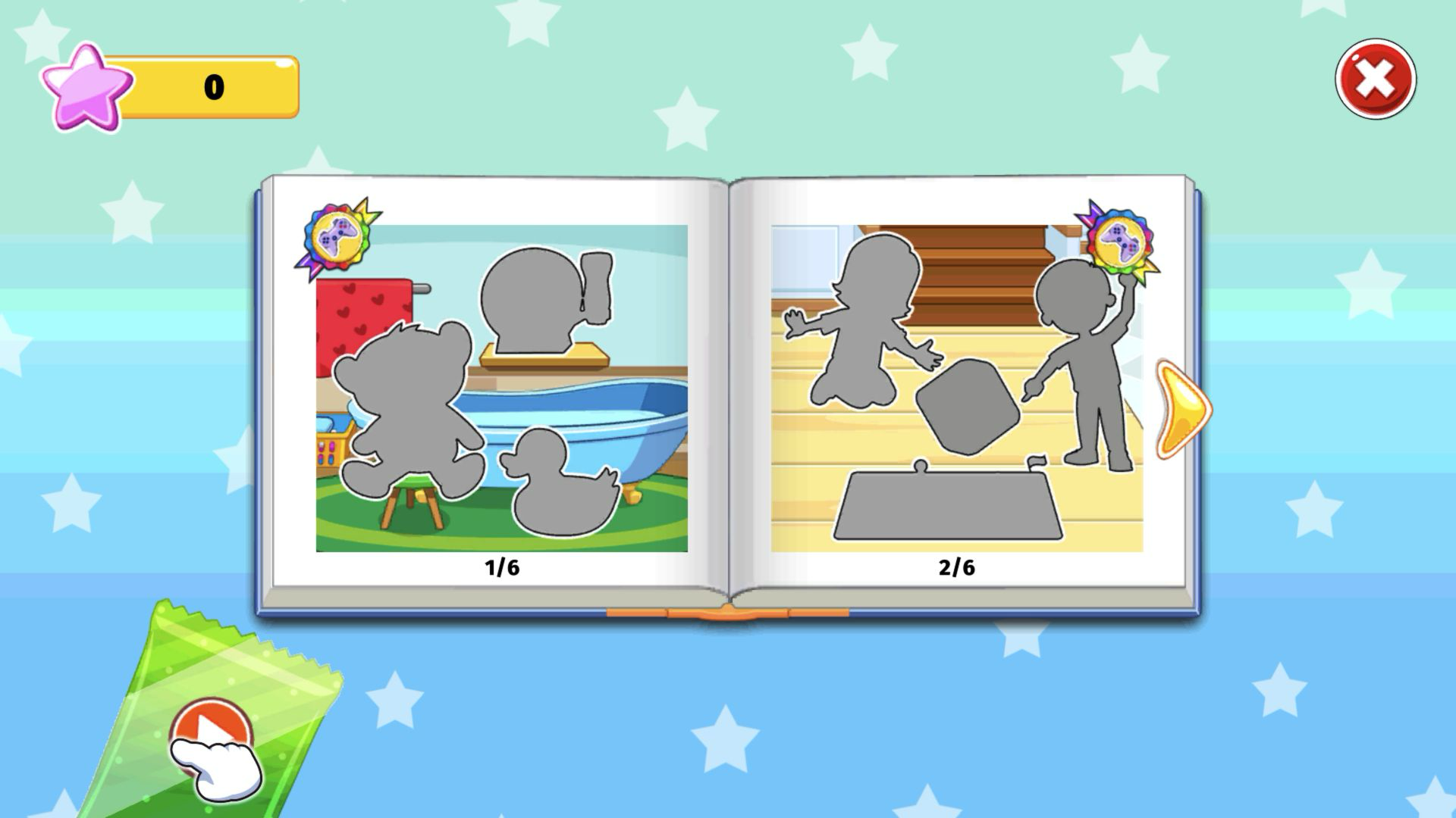 Open book with gray silhouettes over bathroom and living-room scenes labeled 1/6 and 2/6