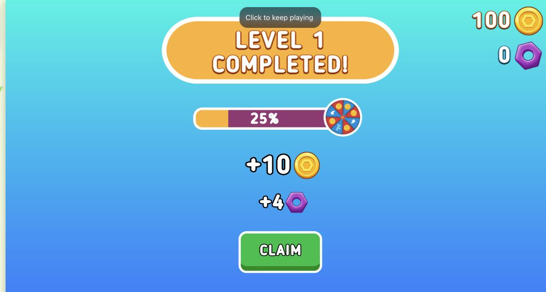 Level 1 completed screen showing 25 percent progress, ten coins, four nuts, and a Claim button