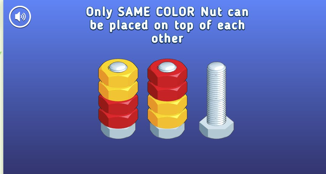 Mixed red and yellow nuts arranged on two bolts beside one empty bolt