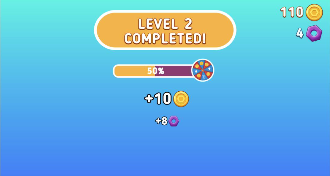 Level 2 completed reward screen at 50 percent with 110 coins and four purple nuts displayed