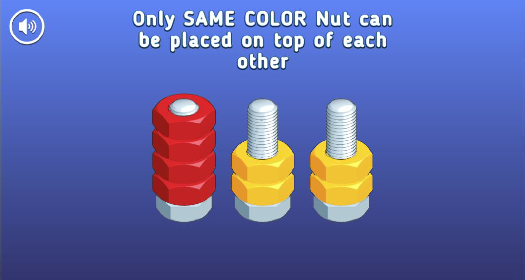 Four red nuts sorted on one bolt with two yellow pairs waiting on the other bolts