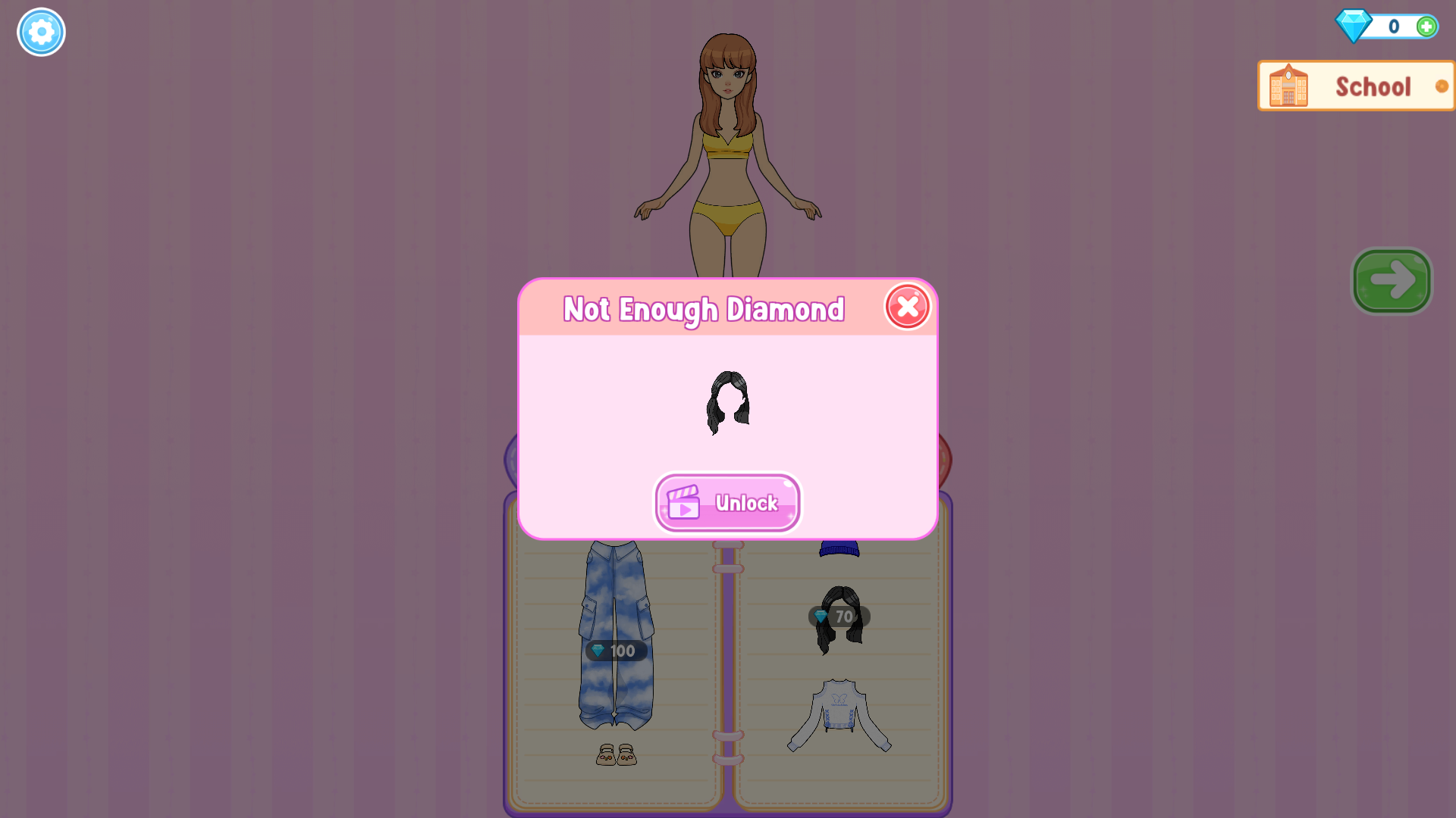 Not Enough Diamond pop-up for a black hairstyle with an Unlock video button