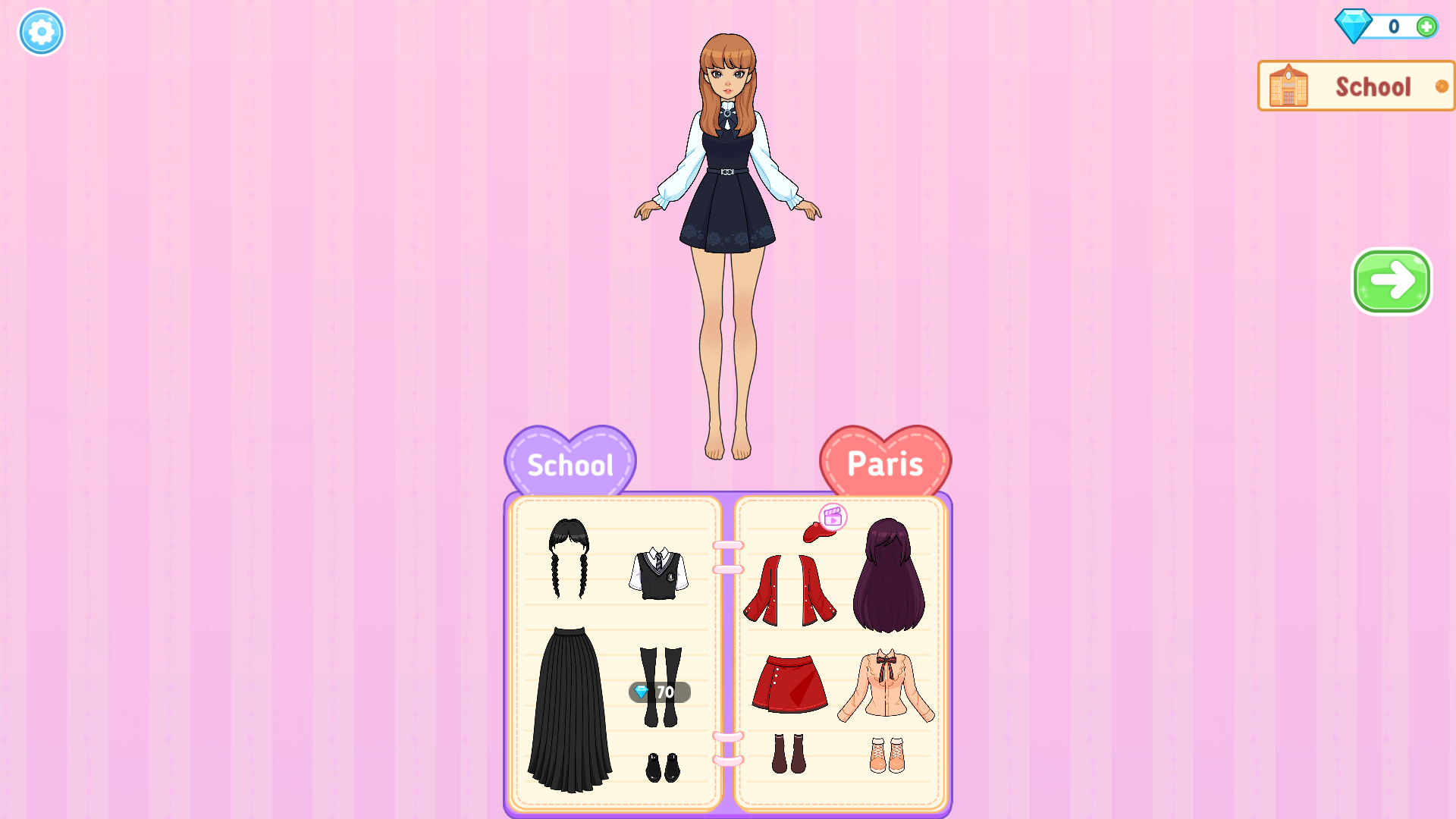 Brown-haired doll wearing a navy dress with pale blue sleeves above School and Paris wardrobe pages