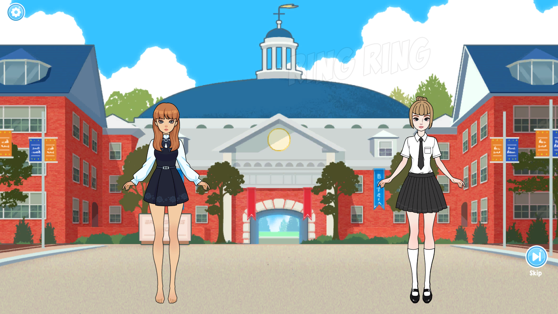 Player's dressed doll and another uniformed student standing outside school during a ringing-bell scene
