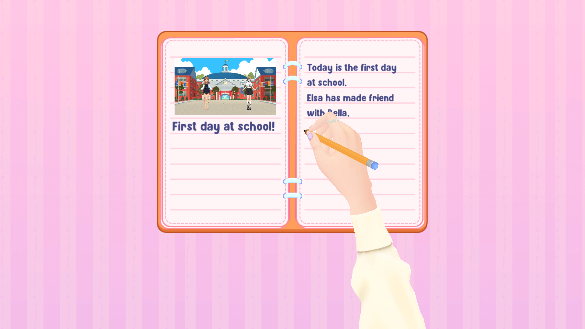 Brown-haired paper doll in a navy school dress meeting another student outside a red-brick school