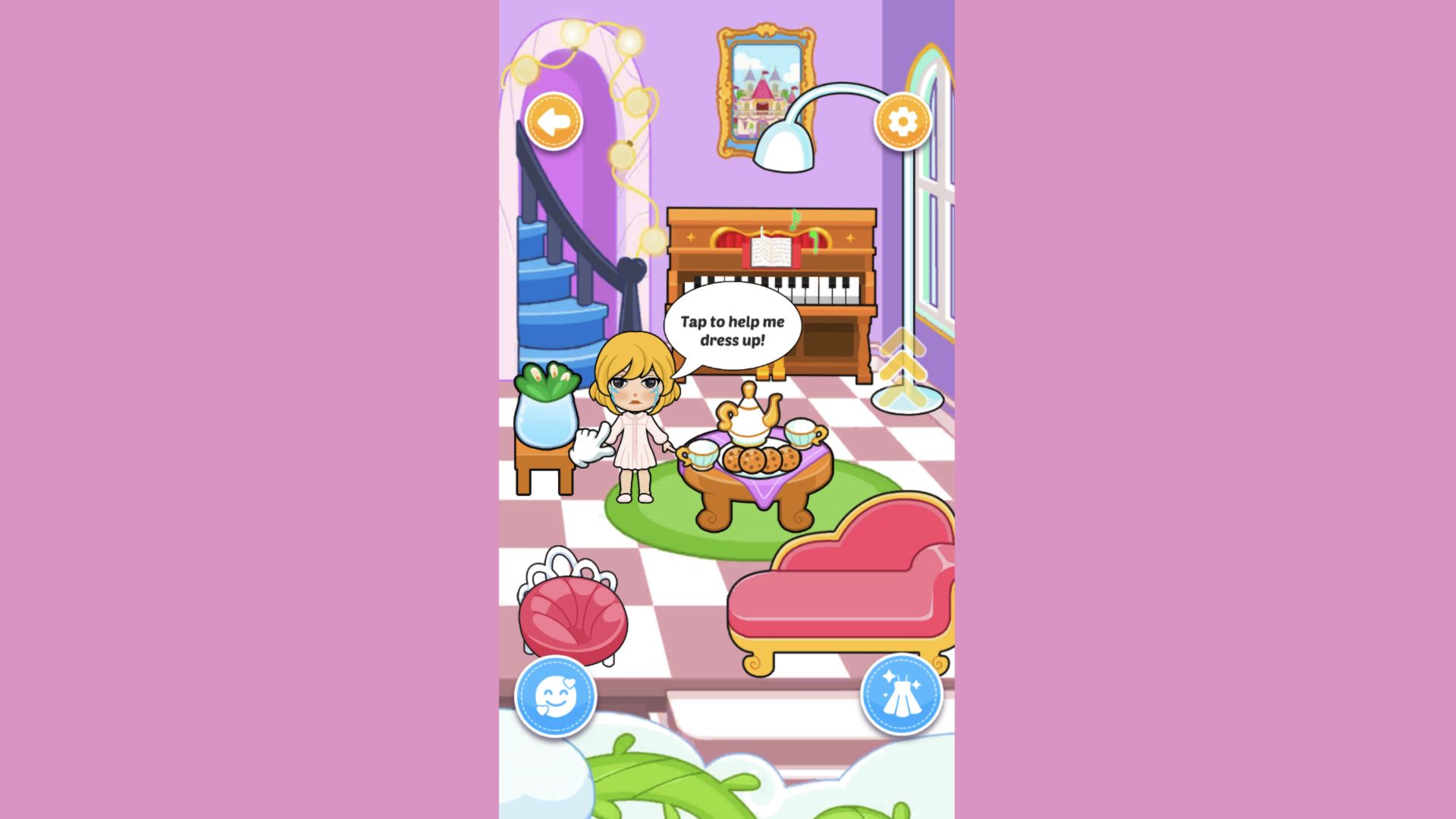 Crying blonde paper doll beside a tea table and piano asking for help dressing up