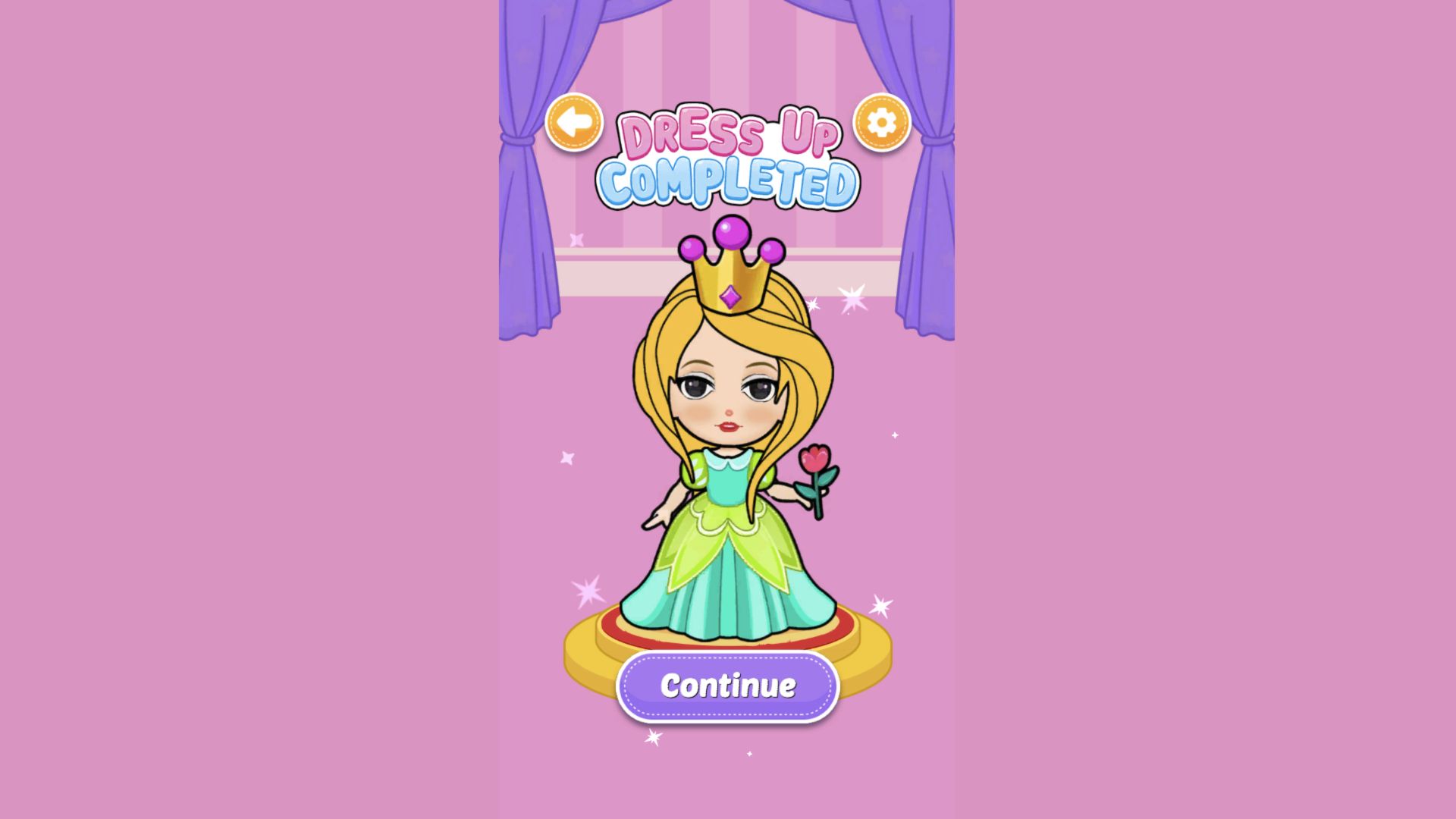Dress-Up Completed result with the finished princess on a gold pedestal and Continue button
