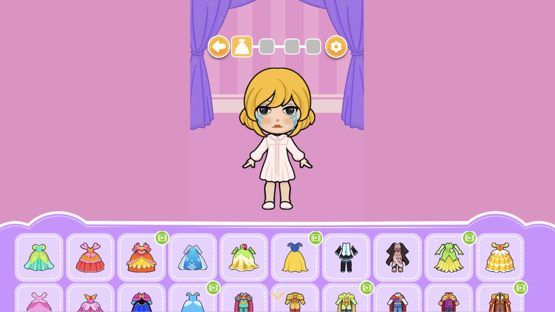 Paper Princess dress wardrobe with two rows of gowns and some green video badges