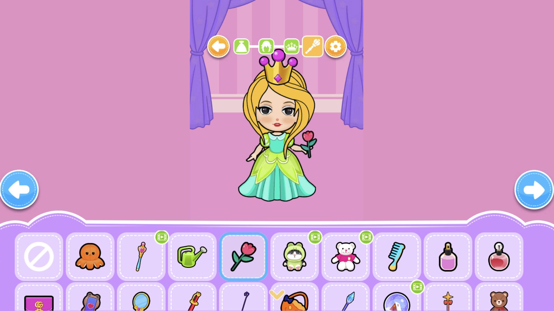 Paper princess wearing a mint gown, side-swept blonde hair, purple-tipped crown, and pink flower